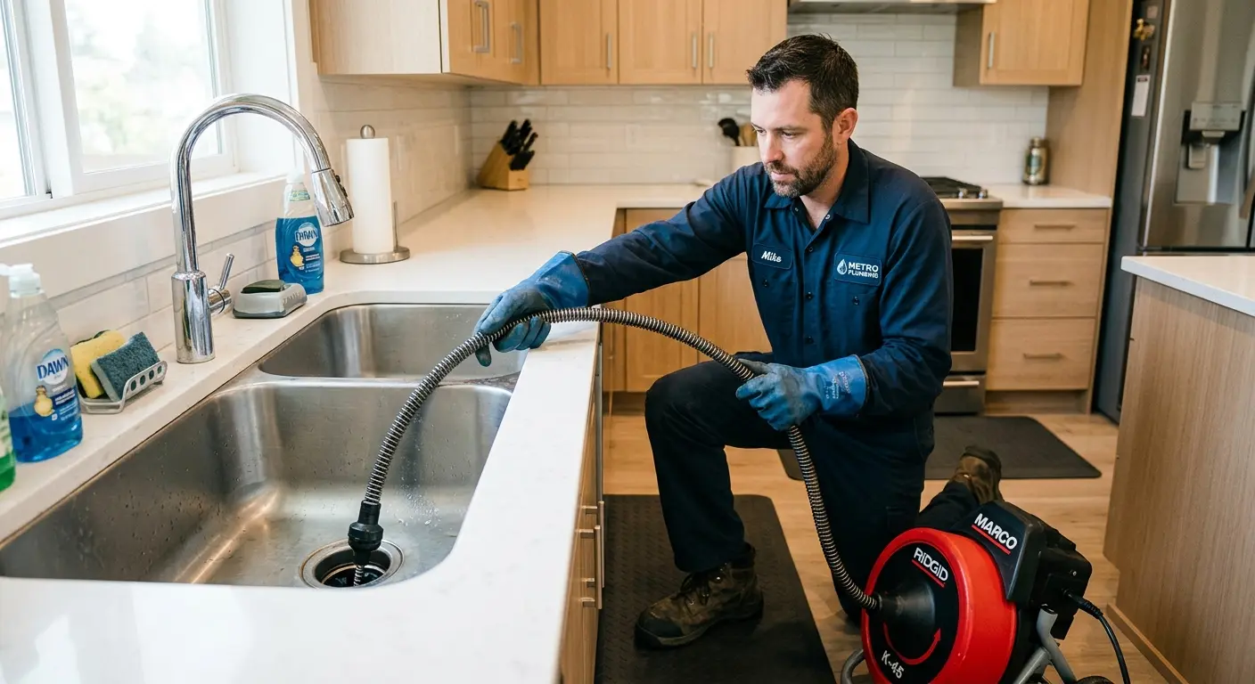 Drain cleaning technician using a motorized snake on a kitchen sink in Portsmouth